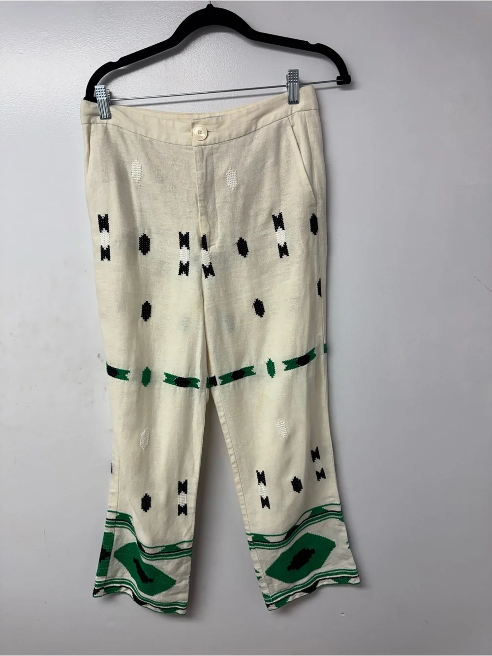 Zara Cropped Embroidered Linen Blend Pants M Ivory Euro Summer Resort Boho U